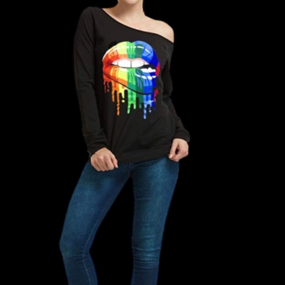 MagicMK Women's Shirts Rainbow Mouth Lips Off the Shoulder - Picture 1 of 13